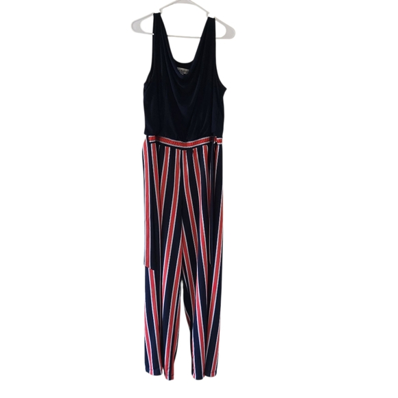 Emma & Michele Red & Blue Striped Jumpsuit with Navy Blue Top. - Picture 1 of 5